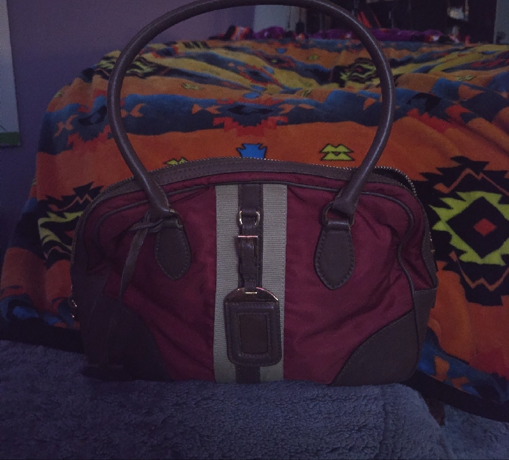 Prada Red and Brown Satchel with Beige Stripe - Picture 3 of 10